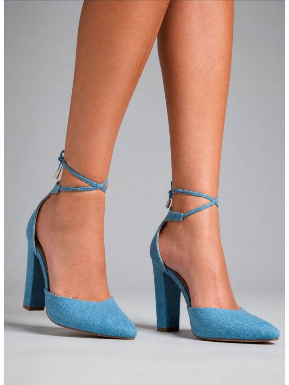 Blue Denim Ankle Strap Block Heels For Women Closed Pointed Toe Comfortable High